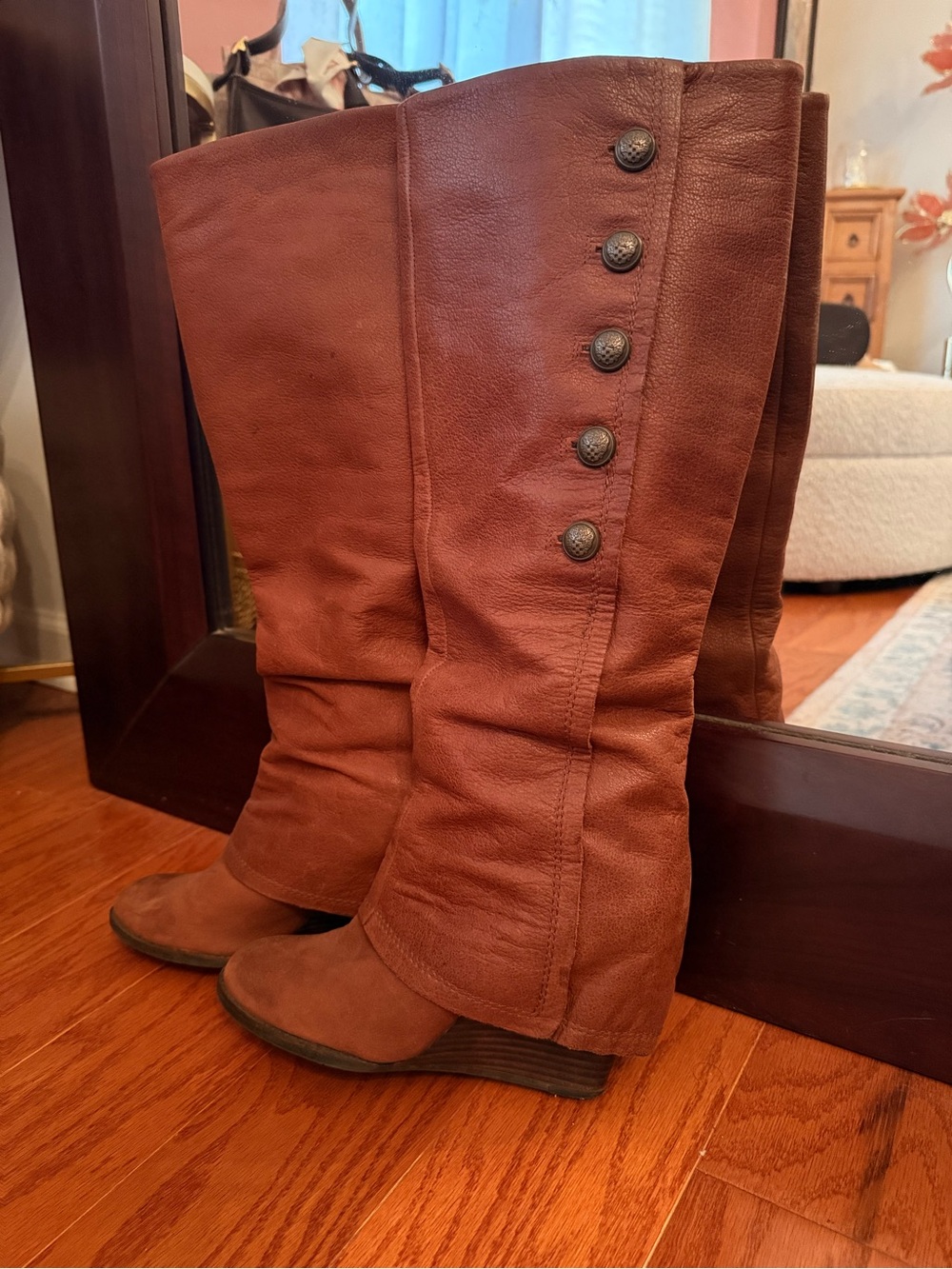 Vince Camuto Almay brown leather knee-high wedge boots